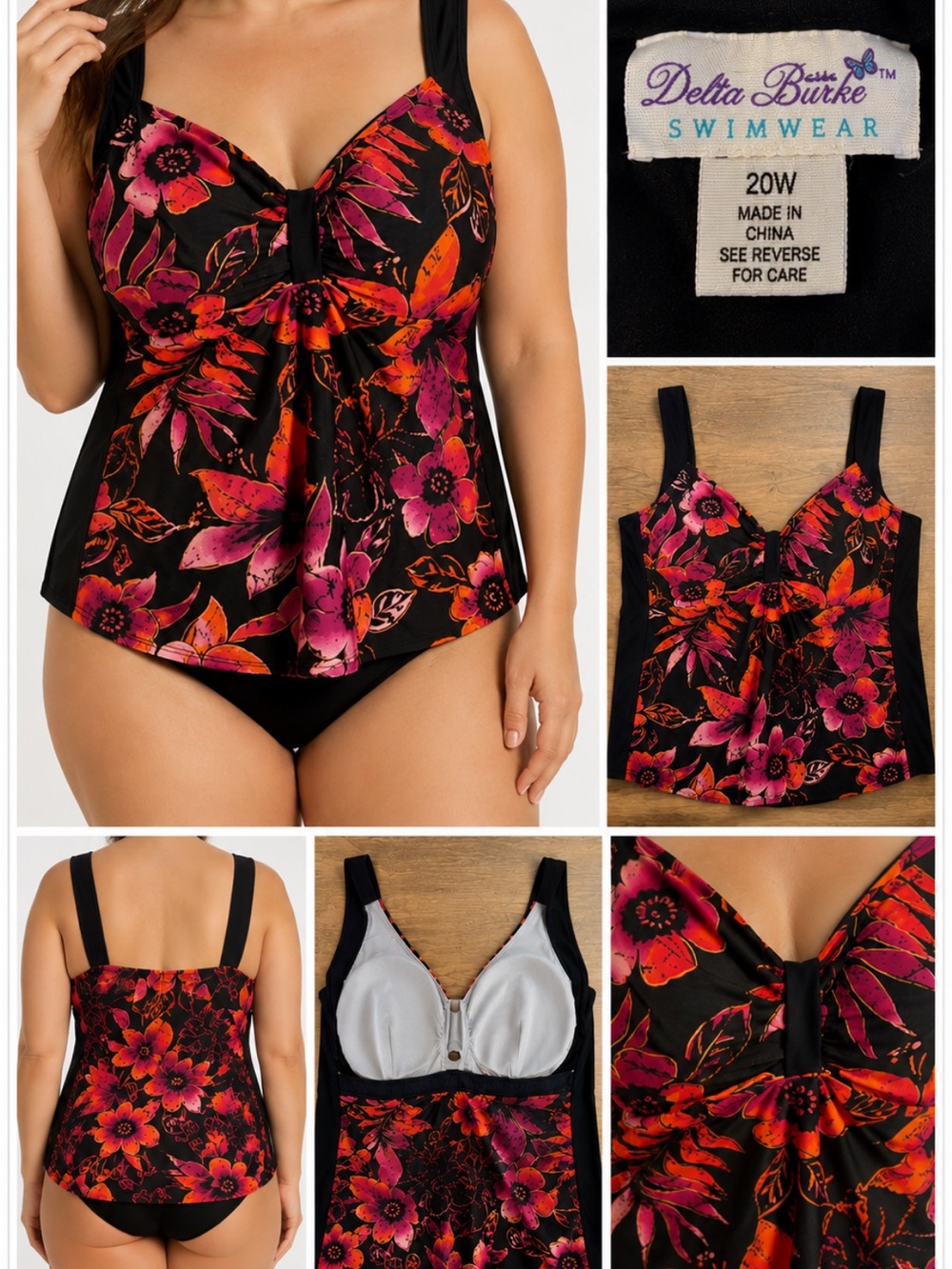 Delta Burke Black Floral Swim Tankini Top with Pink and Orange Flowers Size 20W